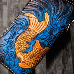 Handmade Leather Men Tooled Carp Cool Biker Leather Wallets Long Chain Wallets for Men