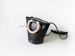 Cute Leather Black Womens Mini Bucket Purse Handbag Barrel Shoulder Bag for Women
