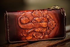Handmade Leather Tooled Ganesh Mens Chain Biker Wallets Cool Leather Wallet Zipper Long Wallets for Men