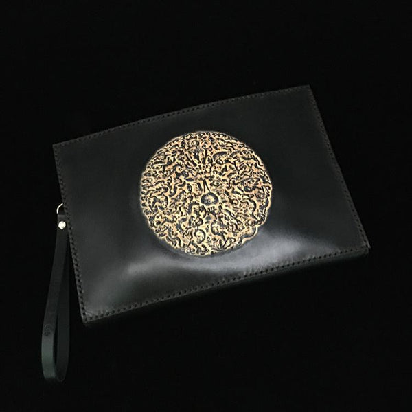 Black Handmade Tooled Leather Totem Clutch Wallet - Back View