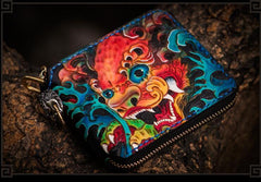 Handmade Leather Chinese Lion Tooled Mens billfold Wallet Cool Chain Wallet Biker Wallet for Men