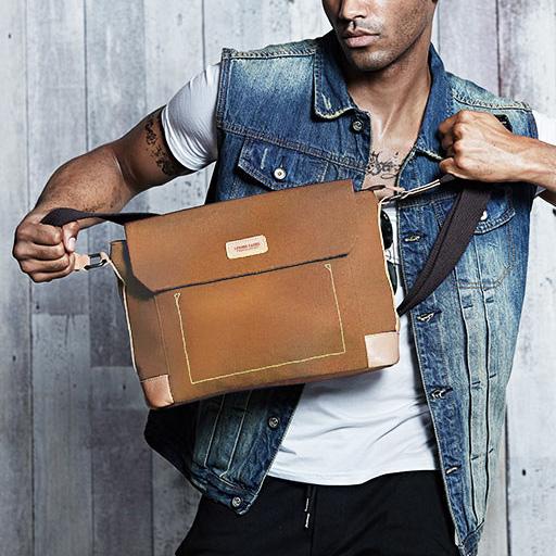 Canvas Leather Mens Khaki Side Bag Messenger - Back View