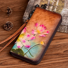 Womens Lotus Flowers Brown Leather Wristlet Wallets Zip Around Wallet Flowers Ladies Zipper Clutch Wallet for Women