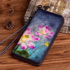 Womens Lotus Flowers Coffee Leather Wristlet Wallets Zip Around Wallet Flowers Ladies Zipper Clutch Wallet for Women