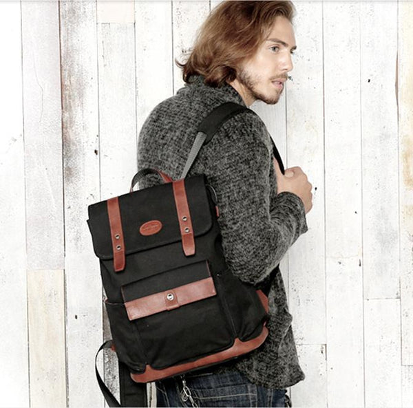 Black Fashion Canvas Leather Mens Laptop Backpack - Back View