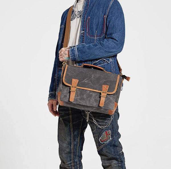 Dark Gray Waxed Canvas Leather Mens Briefcase - Back View