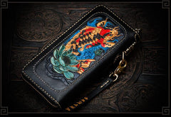 Handmade Leather Tooled Carp Mens Chain Biker Wallet Cool Leather Wallet Long Phone Wallets for Men