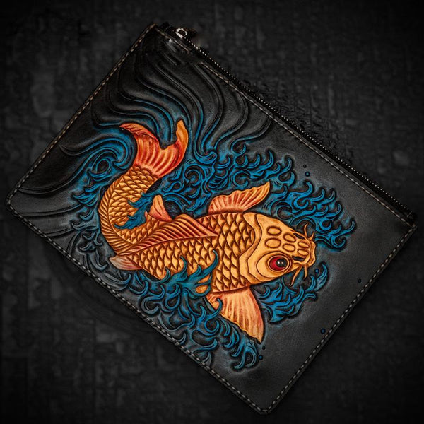 Handmade Leather Carp Tooled Wristlet Bags Mens Cool Leather Wallet Long Clutch for Men