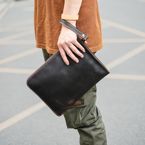 Vintage Business Leather Mens Brown Envelope Bag - Back View