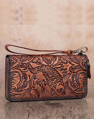 Floral Carp Tan Leather Wristlet Wallets Womens Zip Around Wallet Floral Ladies Zipper Clutch Wallets for Women