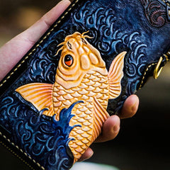 Handmade Leather Men Tooled Carp Cool Leather Biker Wallets Long Wallets for Men