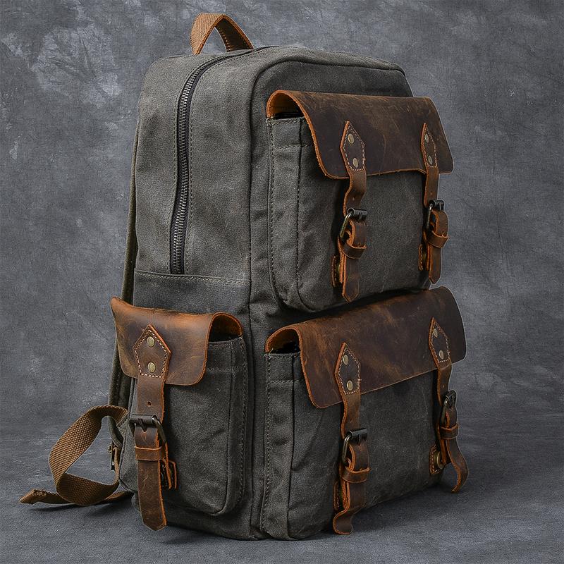 Waxed Canvas Leather Mens 15" Laptop Backpack Army Green Travel Backpack College Backpack for Men