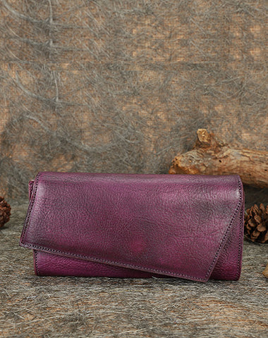 Purple Womens Geometry Leather Trifold Long Wallet Vintage Clutch Wallet for Ladies