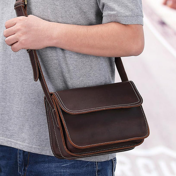 Brown Cool Leather Small Messenger Bag Satchel - Back View