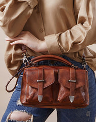 Vintage Leather Womens Satchel Shoulder Bag Handbag - Bill Slots Detail