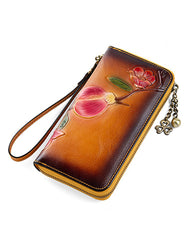 Plum Blossom Flower Red Leather Wristlet Wallet Womens Zip Around Wallets Flower Ladies Zipper Clutch Wallets for Women