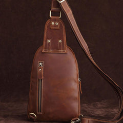 Cool Dark Brown Mens Leather One Shoulder Backpack Chest Bag Sling Bag For Mens
