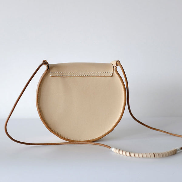 Cute Leather Beige Womens Small Round Saddle Crossbody Purse Shoulder Bag for Wo ZOWU03381002