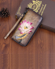 Womens Lotus Flower Green Leather Wristlet Wallets Zip Around Wallet Flower Ladies Zipper Clutch Wallet for Women