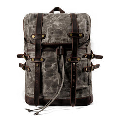 Cool Waxed Canvas Leather Mens Black 15.6‘’ Large Hiking Backpack Green Travel Backpack for Men