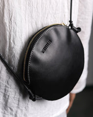 Cute Round LEATHER Slim Side Bag Black WOMEN Circle SHOULDER BAG Small Crossbody Purse FOR WOMEN