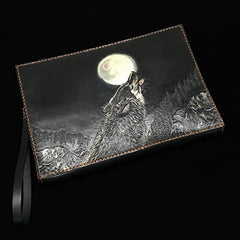 Black Handmade Tooled Leather Chinese Dragon Clutch Wallets Wristlet Bag Clutch Purse For Men