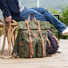 Waxed Canvas Leather Mens Dark Gray Waterproof 15‘’ Large Backpack Travel Backpack Green Hiking Backpack for Men