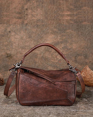 Vintage Leather Womens Cube Shoulder Bag Handmade - Open View