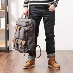 Cool Waxed Canvas Leather Mens Waterproof 15'' Backpack Gray Travel Backpack Hiking Backpack for Men