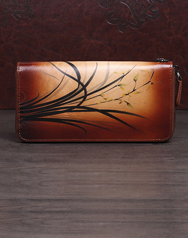 Womens Brown Leather Zip Around Wallet Wash Painting Flowers Wristlet Wallet Ladies Zipper Clutch Wallet for Women