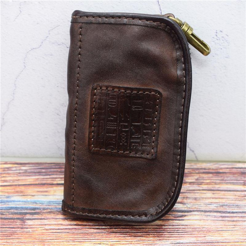 Vintage Mens LEATHER Car Key Holder Zipper Key Wallet Key Holder for Men