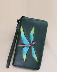 Dragonfly Gray Leather Wristlet Wallets Womens Zip Around Wallet Ladies Zipper Clutch Wallets for Women