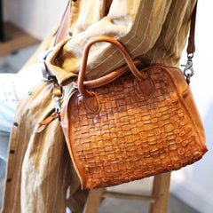 Best Leather Handbags Weaved Brown Leather Tote Handbag - Annie Jewel