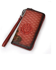 Womens Rose Flower Brown Leather Zip Around Wallet Wristlet Wallet Flower Ladies Zipper Clutch Wallet for Women