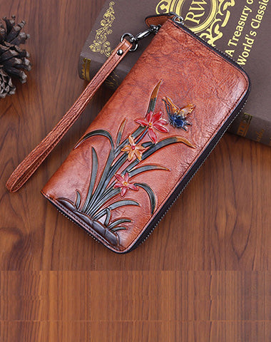 Womens Butterfly&Orchid Flower Brown Leather Wristlet Wallets Zip Around Wallet Flower Ladies Zipper Clutch Wallet for Women