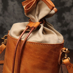 Vintage Leather Brown Bucket Shoulder Bag Barrel Crossbody Purse For Women