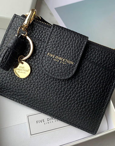 Cute Women Black Leather Slim Keychain with Card Wallet Card Holder Wallet Change Wallet For Women