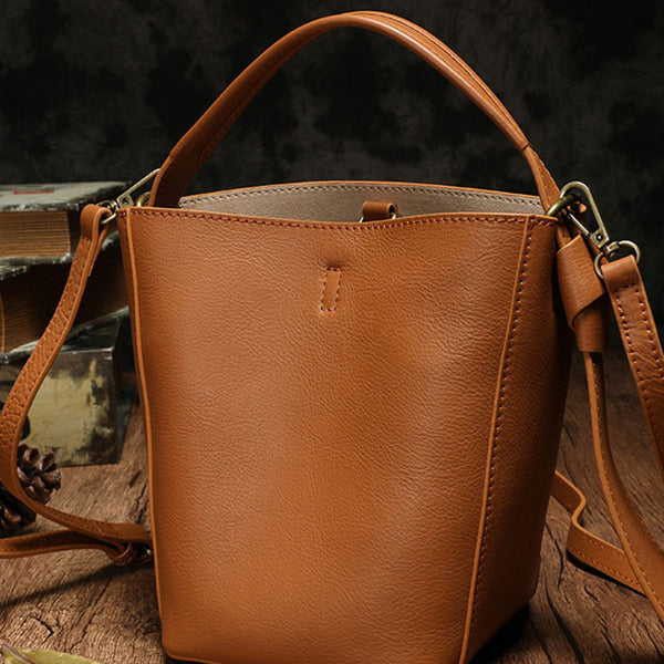 Stylish Leather Brown Gray Bucket Handbag Shoulder Bag Barrel Purse For Women DDJ04191004
