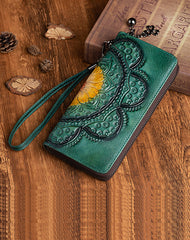 Womens Floral Leather Wristlet Wallet Flower Zip Around Wallets Floral Ladies Zipper Clutch Wallets for Women