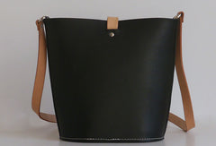 Handmade Womens Black Leather Shoulder Bucket Bag Barrel Purse for Women