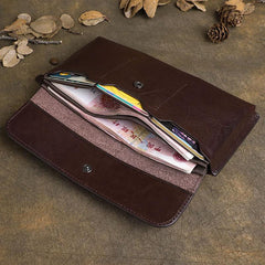 Cool Brown Leather Mens Long Wallet Clutch Wallet Retro Coffee  Clutch Wallet for Men