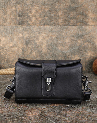 Leather Box Crossbody Messenger Bag, Black