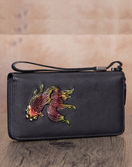 Goldfish Red Leather Wristlet Wallets Womens Zip Around Wallet Ladies Zipper Clutch Wallets for Women