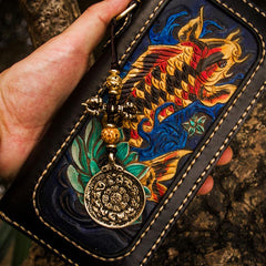 Handmade Leather Tooled Carp Mens Chain Biker Wallet Cool Leather Wallets Long Wallets for Men
