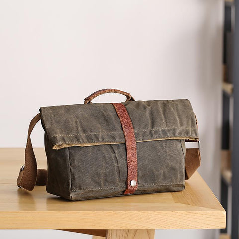 Waxed Canvas Mens Side Bag 13‘’ Khaki Courier Bag Messenger Bag for Men