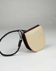 Womens Beige&Black Leather Coin Zip Wallet with Leather Chain Leather Zip Wristlet Purse for Ladies
