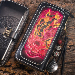Handmade Leather Carp Mens Chain Biker Wallet Cool Leather Wallet Long Phone Wallets for Men