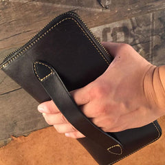 Handmade Genuine Leather Mens Clutch Cool Long Wallet Skull Zipper Clutch Wristlet Wallet for Men