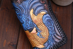 Handmade Leather Long Black Biker Wallet Leather Chain Wallet Men Red Carp Tooled Wallets - EverHandmade