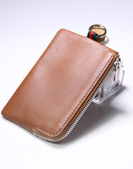 Slim Women Green Leather Zip Wallet with Keychains Billfold Minimalist Coin Wallet Small Zip Change Wallet For Women